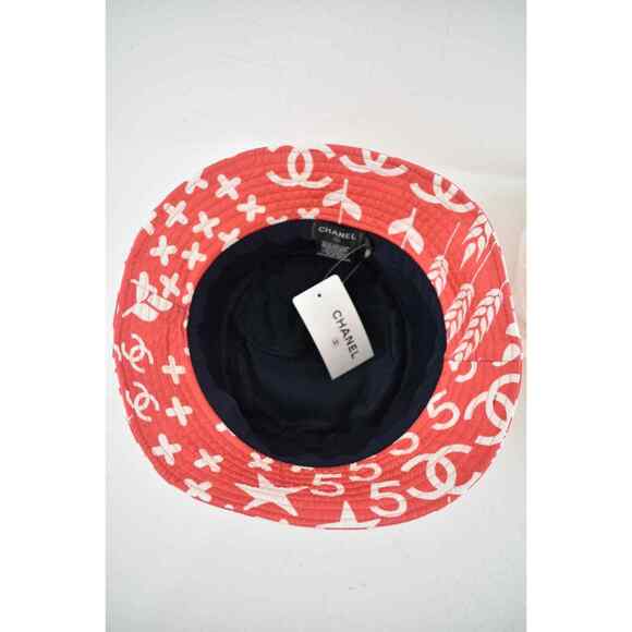 Chanel 22P Coral Red White Graffiti CC Silver Logo Sun Cloche Bucket Hat S Small main image 8